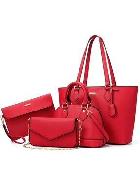 Women's Red 4-Piece Crossbody Bag and Wallet Purse Set With a Large Tote Bag